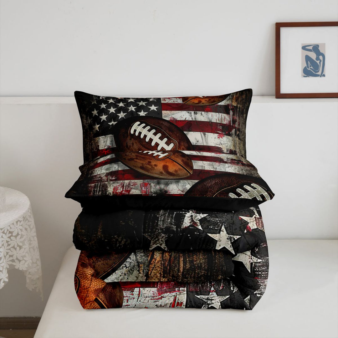 meiyoeat Boys Football Games Full Size Comforter Sets For Kids,Vintage American Flag Pattern Bedding Comforter Set For Boys,Black Reversible,3 Pieces