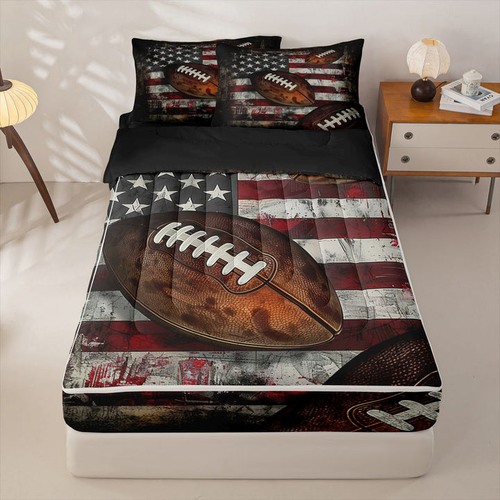 meiyoeat Boys Football Games Zipper Full Size Comforter Sets with Fitted Sheet and 2 Pillowcases For Kids,Vintage American Flag Pattern Zipper Bedding Set For Boys,Black Reversible,4-Piece
