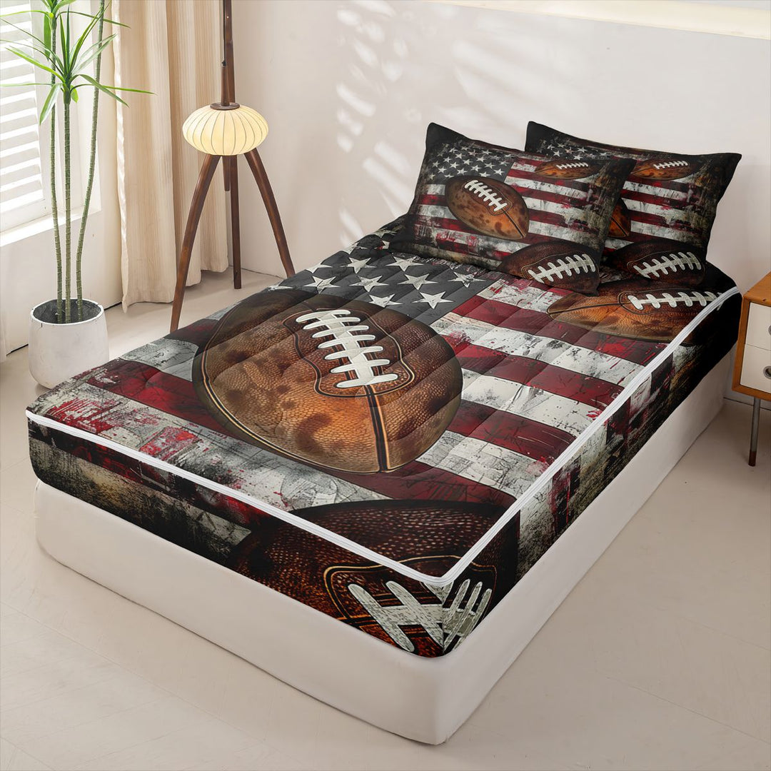 meiyoeat Boys Football Games Zipper Full Size Comforter Sets with Fitted Sheet and 2 Pillowcases For Kids,Vintage American Flag Pattern Zipper Bedding Set For Boys,Black Reversible,4-Piece