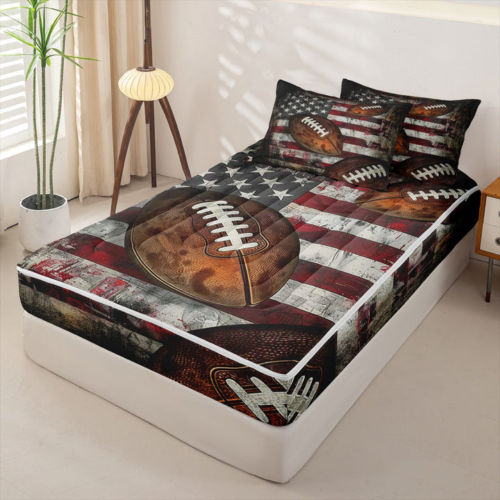 meiyoeat Boys Football Games Zipper Full Size Comforter Sets with Fitted Sheet and 2 Pillowcases For Kids,Vintage American Flag Pattern Zipper Bedding Set For Boys,Black Reversible,4-Piece