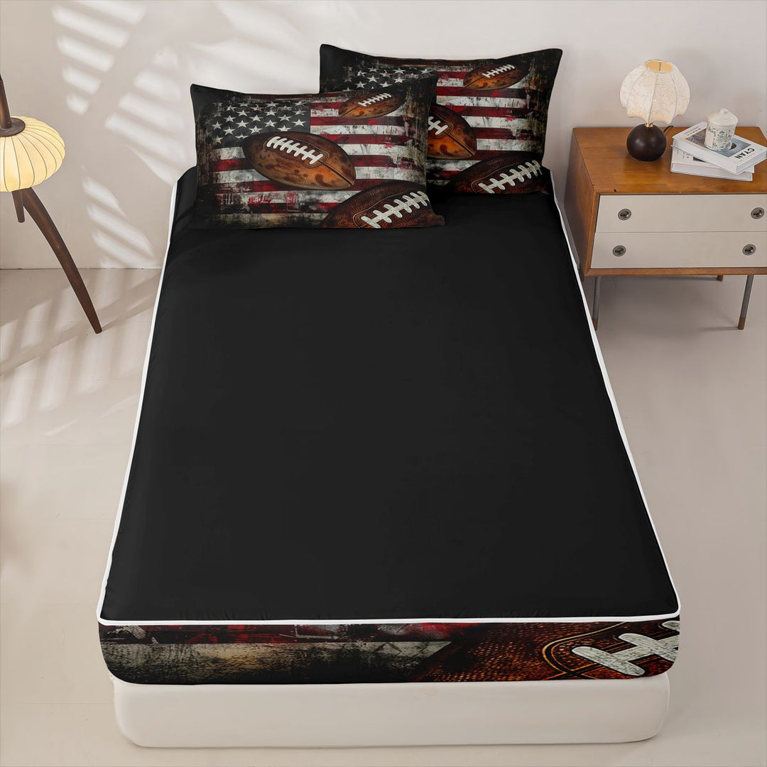 meiyoeat Boys Football Games Zipper Full Size Comforter Sets with Fitted Sheet and 2 Pillowcases For Kids,Vintage American Flag Pattern Zipper Bedding Set For Boys,Black Reversible,4-Piece
