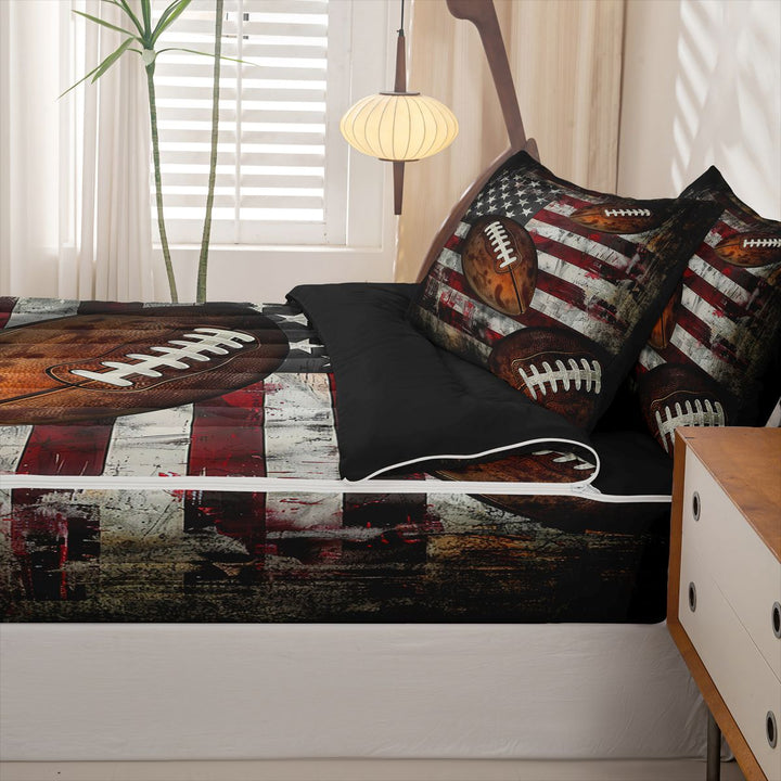 meiyoeat Boys Football Games Zipper Full Size Comforter Sets with Fitted Sheet and 2 Pillowcases For Kids,Vintage American Flag Pattern Zipper Bedding Set For Boys,Black Reversible,4-Piece