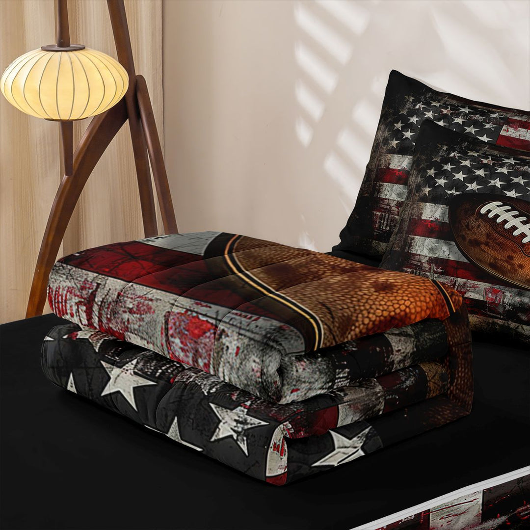 meiyoeat Boys Football Games Zipper Full Size Comforter Sets with Fitted Sheet and 2 Pillowcases For Kids,Vintage American Flag Pattern Zipper Bedding Set For Boys,Black Reversible,4-Piece