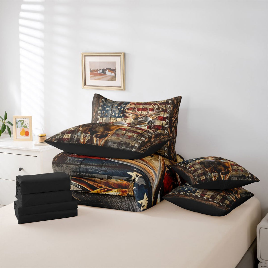 meiyoeat Vintage Flag Deer 7-Piece King Bedding, Rustic Hunting Print King Bed in a Bag For Boys,Black Reversible