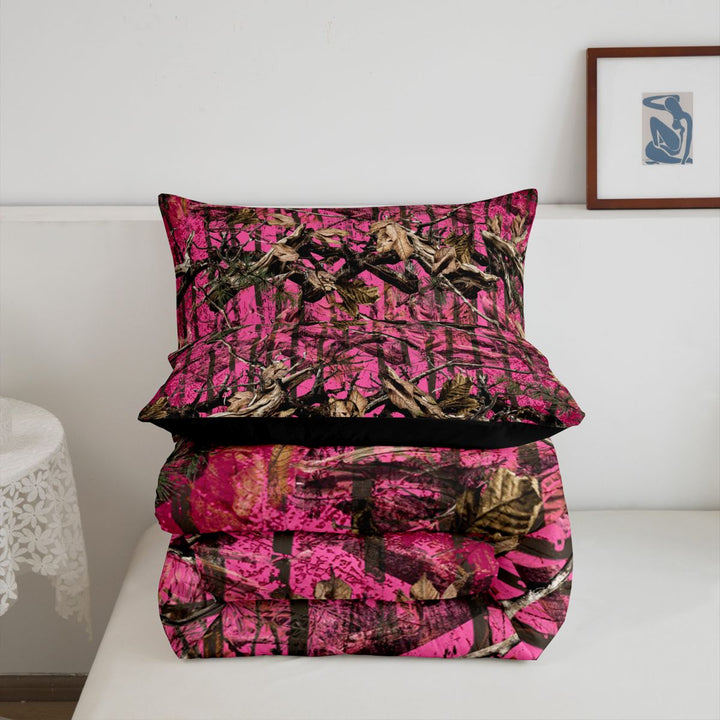 meiyoeat Pink Camo Print King Size Comforter Sets For Adults,Rustic Farmhouse Hunting Comforters King Size For Women,Black Reversible,3pcs