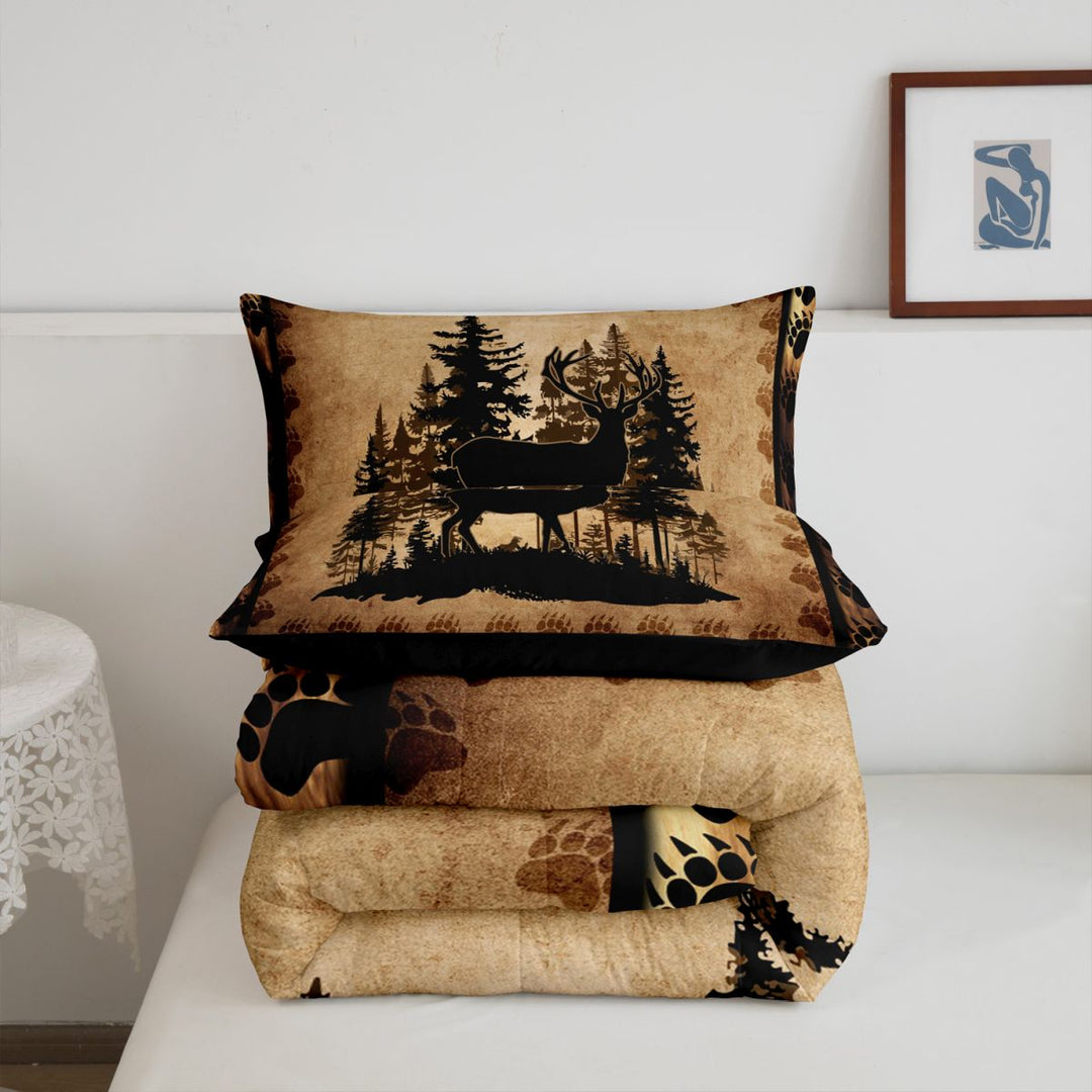 meiyoeat Vintage Deer Silhouette King Size Comforter Sets, Rustic Paw Print Comforters King Size For Boys Kids,Black Reversible,3-Piece