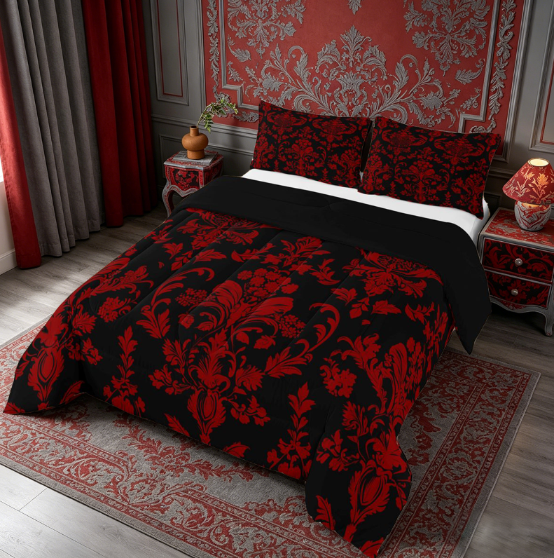 meiyoeat Gothic Damask Pattern King Size Comforter Sets,Vintage Boho Floral Comforters King Size, Red Black,Black Reversible,3pcs