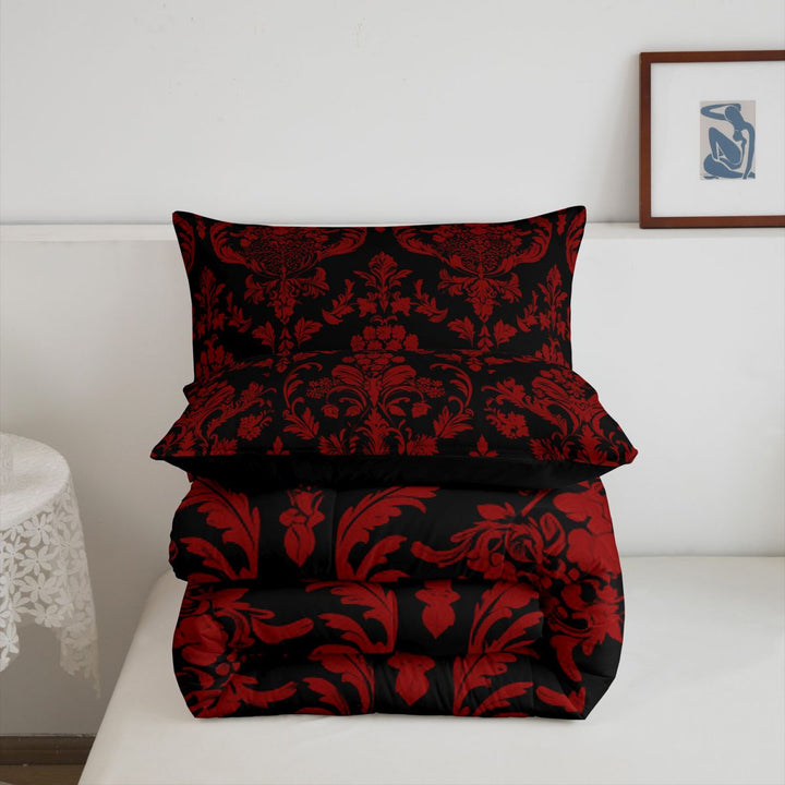 meiyoeat Gothic Damask Pattern King Size Comforter Sets,Vintage Boho Floral Comforters King Size, Red Black,Black Reversible,3pcs