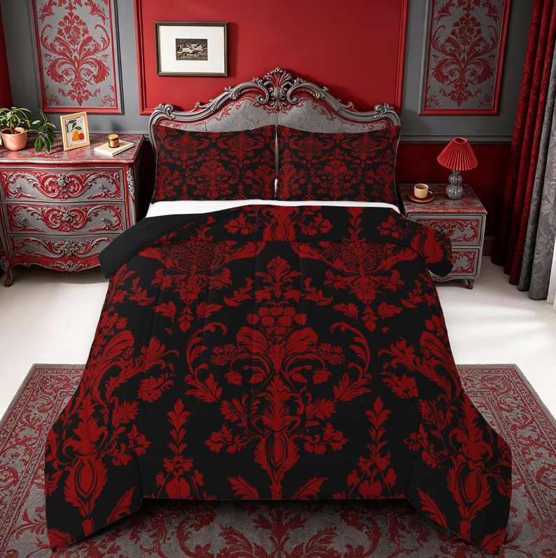 meiyoeat Gothic Damask Pattern King Size Comforter Sets,Vintage Boho Floral Comforters King Size, Red Black,Black Reversible,3pcs