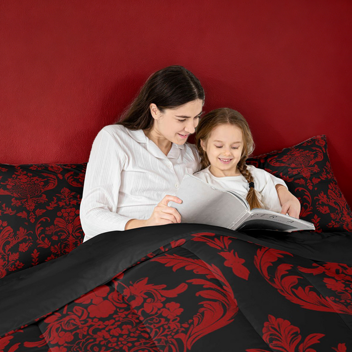 meiyoeat Gothic Damask Pattern King Size Comforter Sets,Vintage Boho Floral Comforters King Size, Red Black,Black Reversible,3pcs