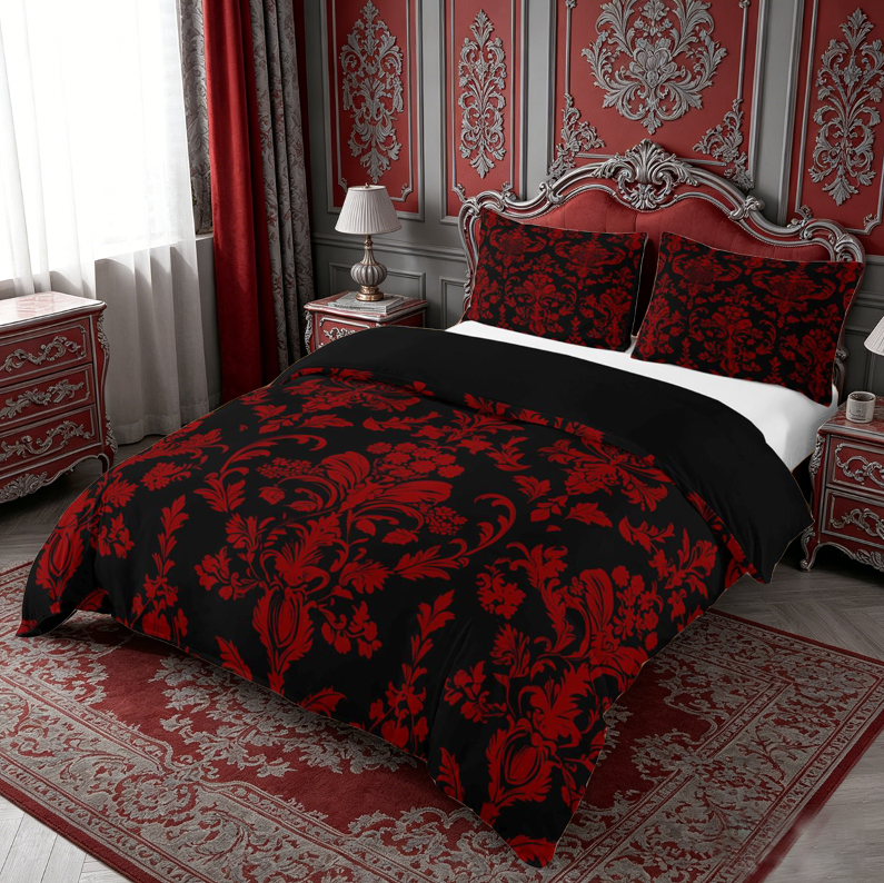 meiyoeat Gothic Damask Pattern Duvet Cover King,Vintage Boho Floral King Bedding, Red Black,Black Reversible,3pcs(No Comforter)
