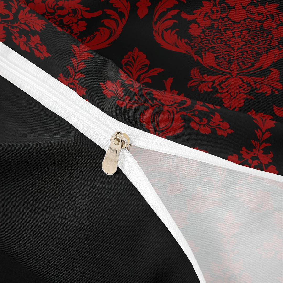 meiyoeat Gothic Damask Pattern Duvet Cover King,Vintage Boho Floral King Bedding, Red Black,Black Reversible,3pcs(No Comforter)