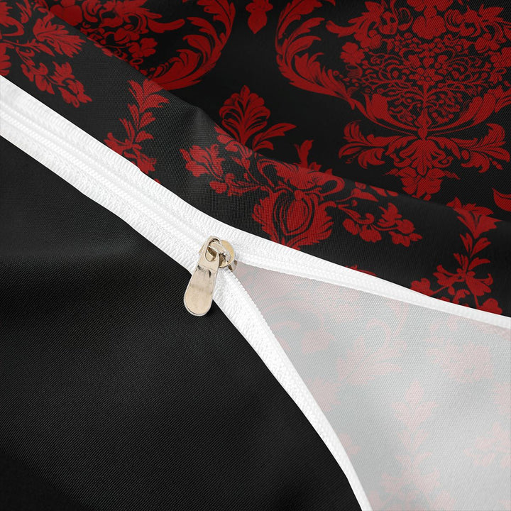 meiyoeat Gothic Damask Pattern Duvet Cover King,Vintage Boho Floral King Bedding, Red Black,Black Reversible,3pcs(No Comforter)