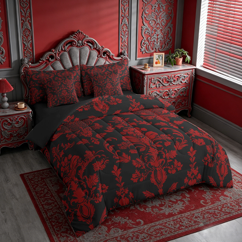 meiyoeat Gothic Damask Pattern 7-Piece King Bedding,Vintage Boho Floral King Bed in a Bag, Red Black,Black Reversible