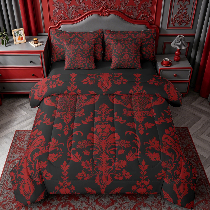 meiyoeat Gothic Damask Pattern 7-Piece King Bedding,Vintage Boho Floral King Bed in a Bag, Red Black,Black Reversible