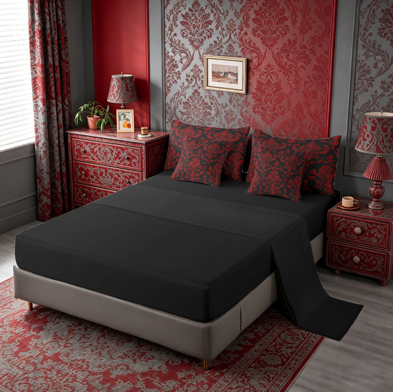 meiyoeat Gothic Damask Pattern 7-Piece King Bedding,Vintage Boho Floral King Bed in a Bag, Red Black,Black Reversible