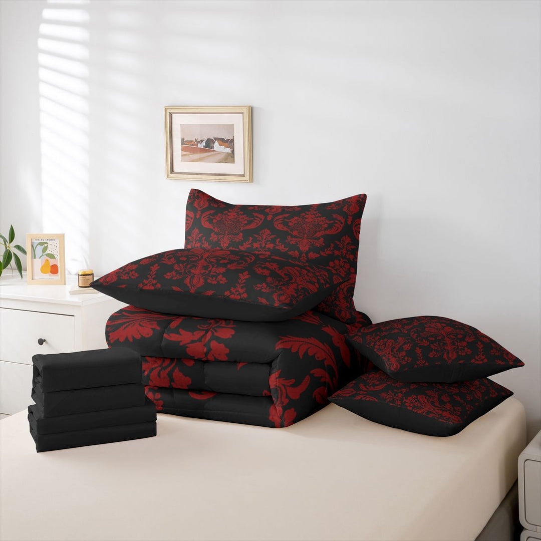 meiyoeat Gothic Damask Pattern 7-Piece King Bedding,Vintage Boho Floral King Bed in a Bag, Red Black,Black Reversible
