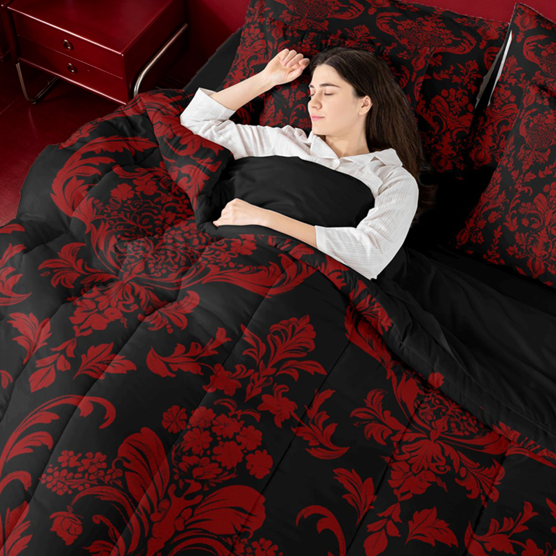 meiyoeat Gothic Damask Pattern 7-Piece King Bedding,Vintage Boho Floral King Bed in a Bag, Red Black,Black Reversible