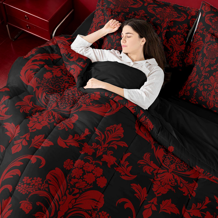 meiyoeat Gothic Damask Pattern 7-Piece King Bedding,Vintage Boho Floral King Bed in a Bag, Red Black,Black Reversible