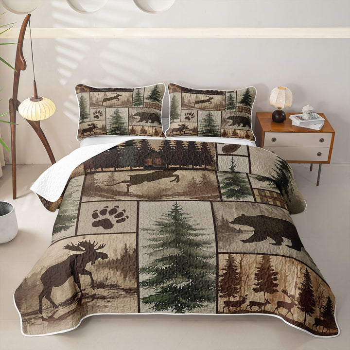 meiyoeat Rustic Farmhouse Cabin Quilt King For Boys,Jungle Wildlife Deer Bear King Coverlet Set For Kids,3-Piece
