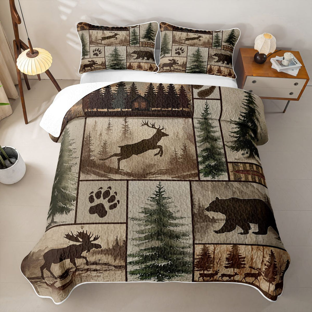 meiyoeat Rustic Farmhouse Cabin Quilt King For Boys,Jungle Wildlife Deer Bear King Coverlet Set For Kids,3-Piece