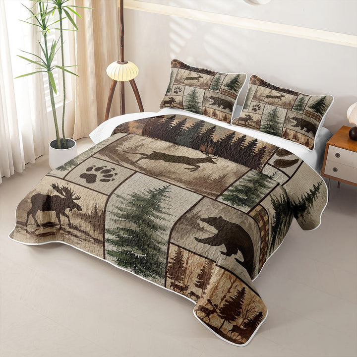 meiyoeat Rustic Farmhouse Cabin Quilt King For Boys,Jungle Wildlife Deer Bear King Coverlet Set For Kids,3-Piece