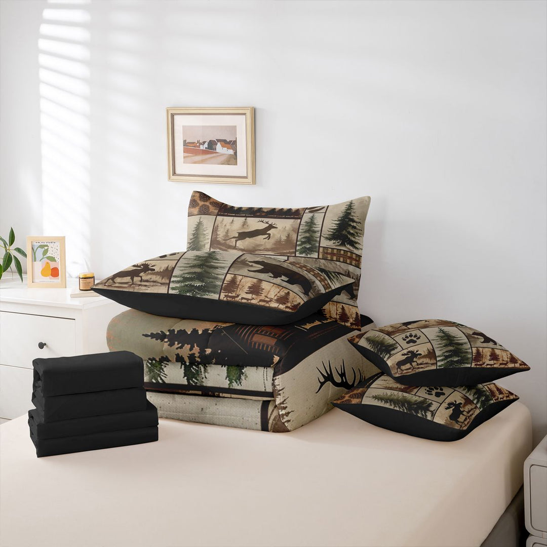 meiyoeat Rustic Farmhouse Cabin 7-Piece King Bedding For Boys,Jungle Wildlife Deer Bear King Bed in a Bag For Kids,Black Reversible