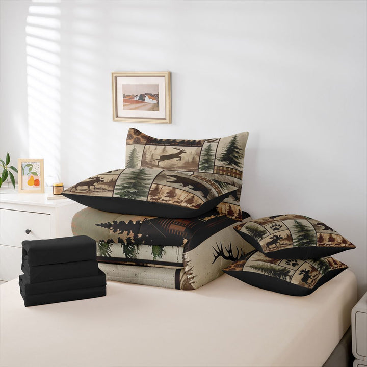 meiyoeat Rustic Farmhouse Cabin 7-Piece King Bedding For Boys,Jungle Wildlife Deer Bear King Bed in a Bag For Kids,Black Reversible