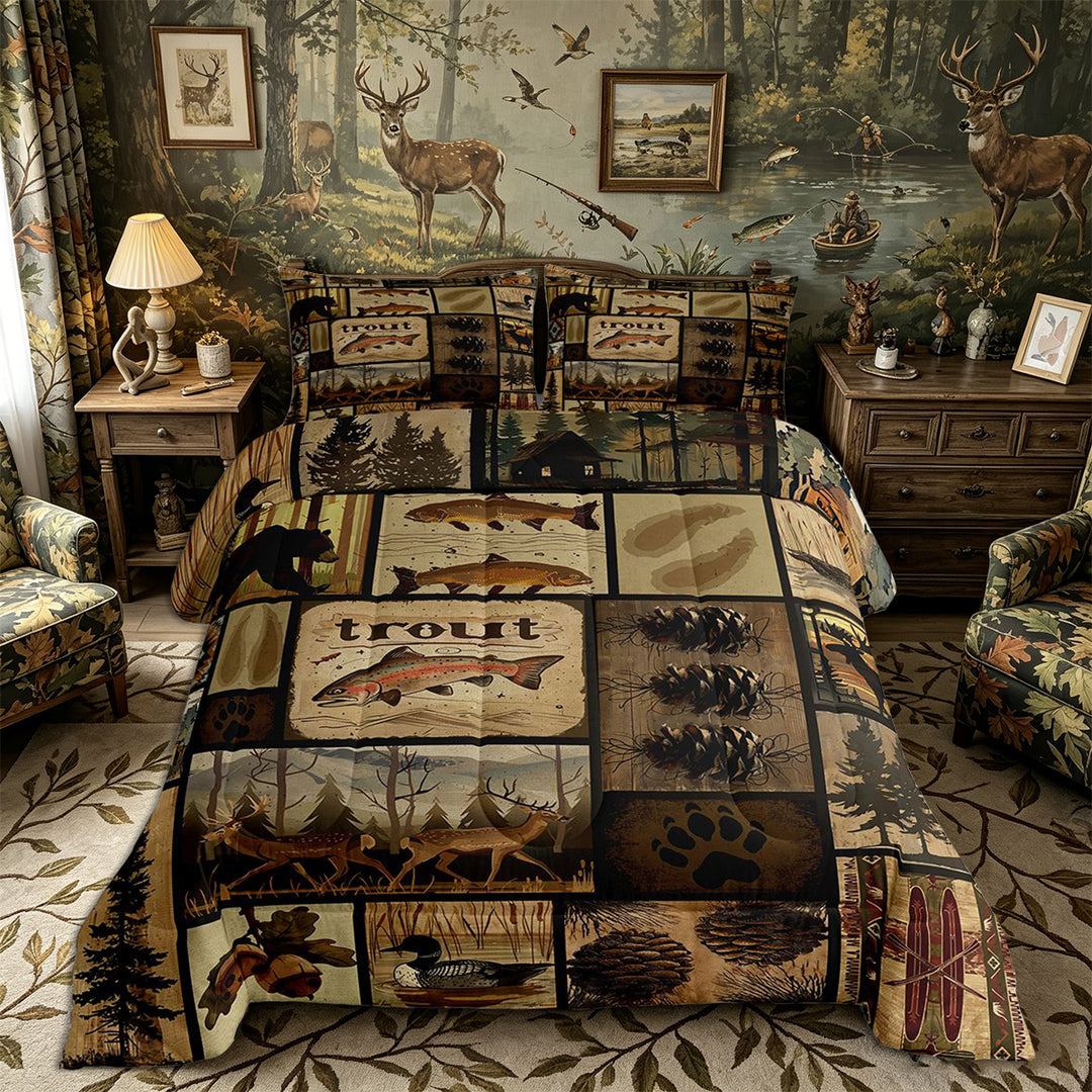 Meiyoeat Rustic Wildlife Mallard Duck Deer Fish King Size Comforter Sets 3pcs, Vintage Cabin Pattern Comforters King Size, Brown Black,Black Reversible