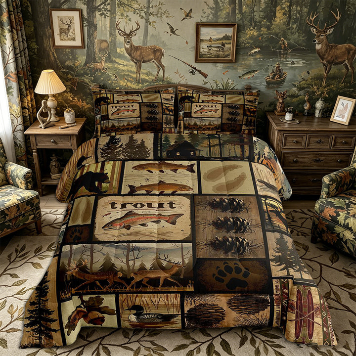 Meiyoeat Rustic Wildlife Mallard Duck Deer Fish King Size Comforter Sets 3pcs, Vintage Cabin Pattern Comforters King Size, Brown Black,Black Reversible