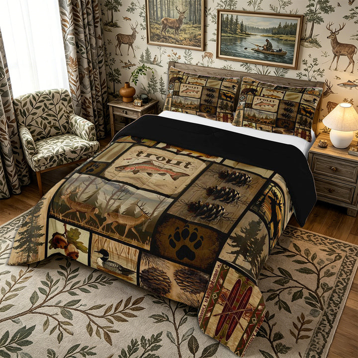 Meiyoeat Rustic Wildlife Mallard Duck Deer Fish King Size Comforter Sets 3pcs, Vintage Cabin Pattern Comforters King Size, Brown Black,Black Reversible