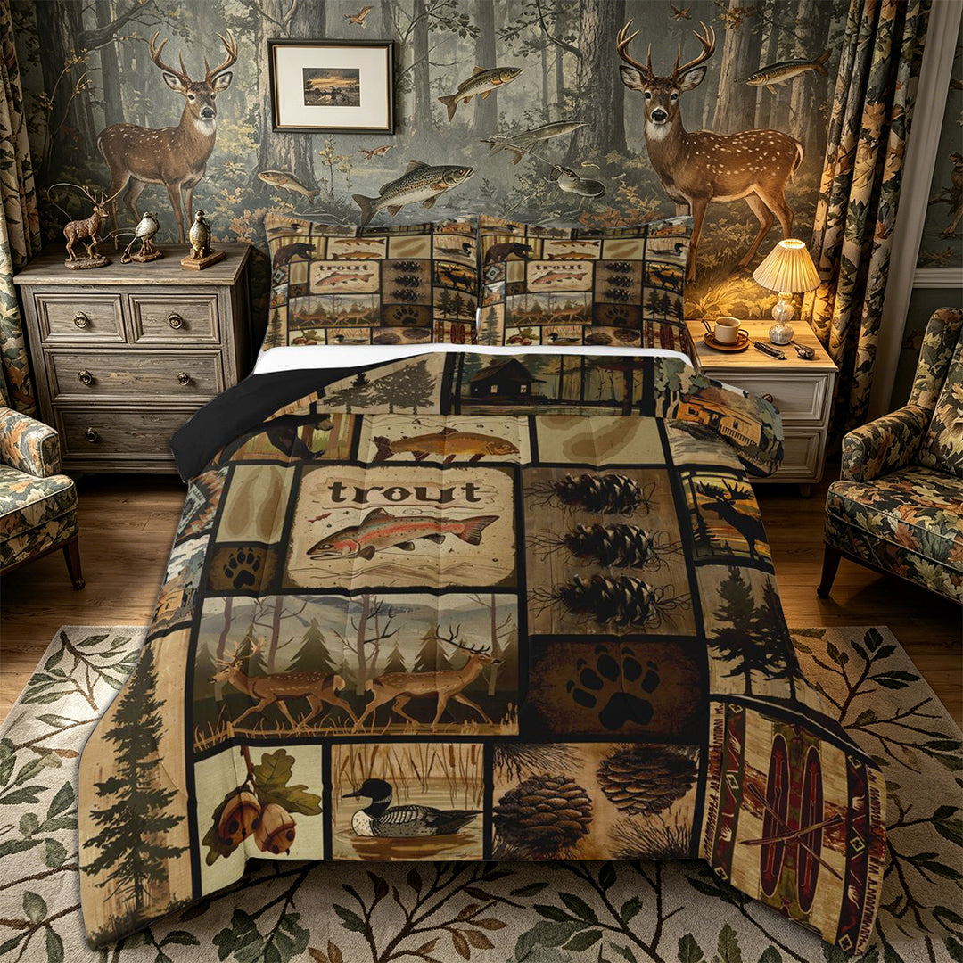 Meiyoeat Rustic Wildlife Mallard Duck Deer Fish King Size Comforter Sets 3pcs, Vintage Cabin Pattern Comforters King Size, Brown Black,Black Reversible
