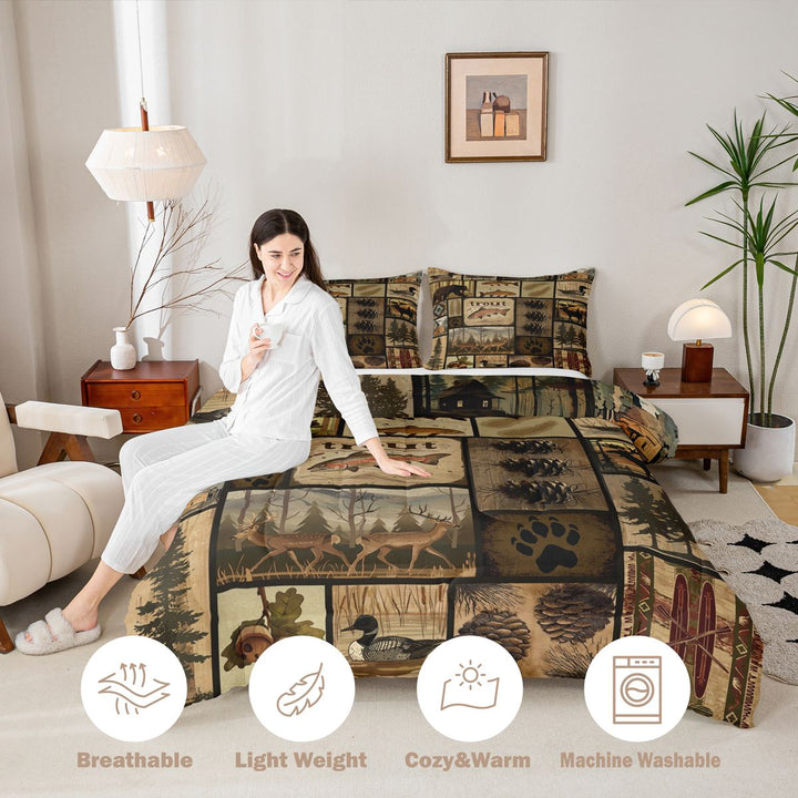 Meiyoeat Rustic Wildlife Mallard Duck Deer Fish King Size Comforter Sets 3pcs, Vintage Cabin Pattern Comforters King Size, Brown Black,Black Reversible