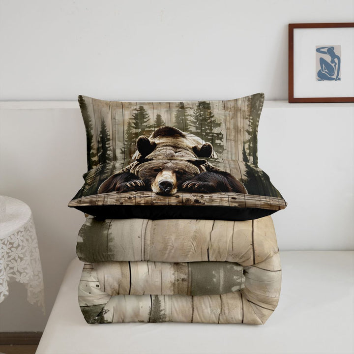 meiyoeat Rustic Bear Wood King Size Comforter Sets For Boys, Vintage Farmhouse Cabin Comforters King Size For Kids,Black Reversible,3-Piece