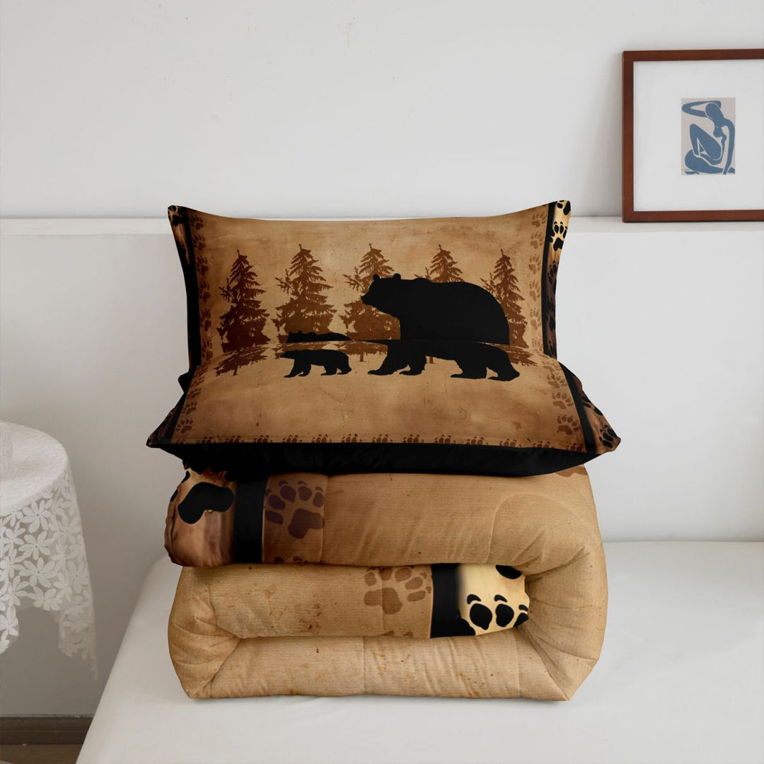 meiyoeat Vintage Bear Silhouette King Size Comforter Sets For Kids, Rustic Paw Print Comforters King Size For Men,Black Reversible,3 Pieces