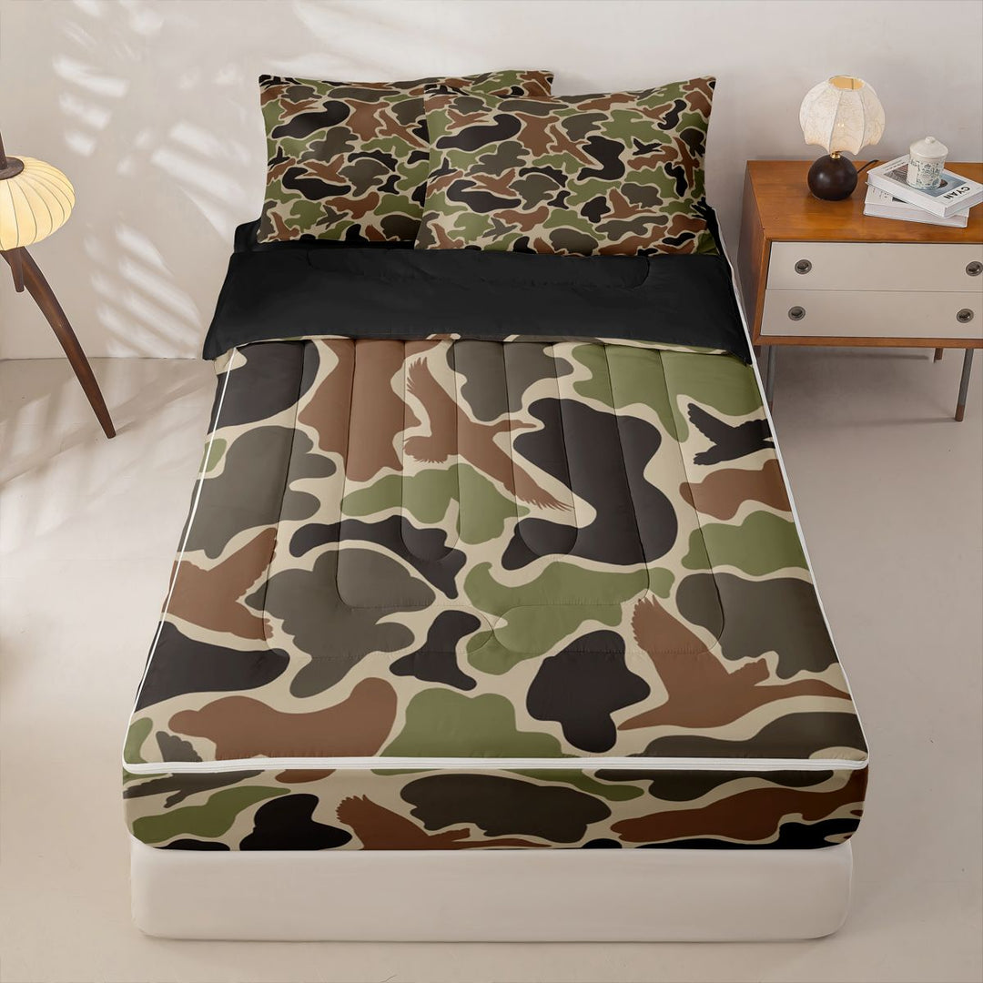 meiyoeat Retro Camo Print Zipper Full Size Comforter Sets with Fitted Sheet and 2 Pillowcases For Boys,Wild Animal Mallard Duck Zipper Bedding Set For Kids, Brown Green,Black Reversible,4-Piece