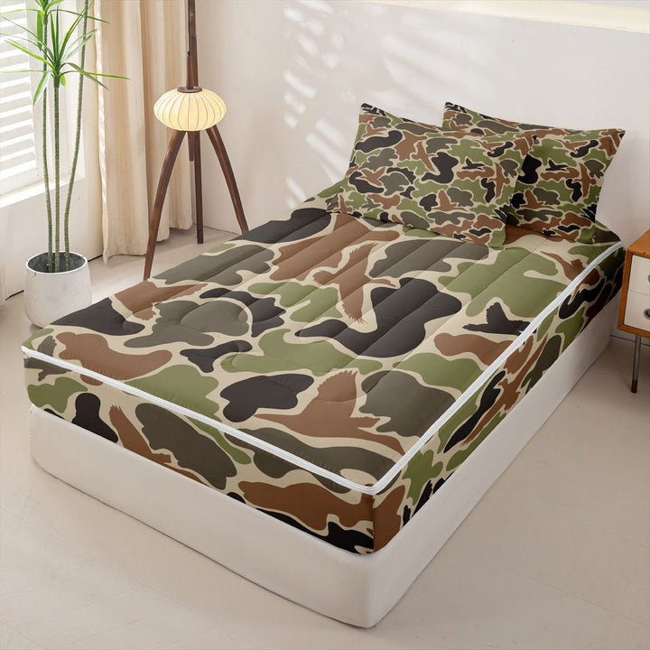 meiyoeat Retro Camo Print Zipper Full Size Comforter Sets with Fitted Sheet and 2 Pillowcases For Boys,Wild Animal Mallard Duck Zipper Bedding Set For Kids, Brown Green,Black Reversible,4-Piece