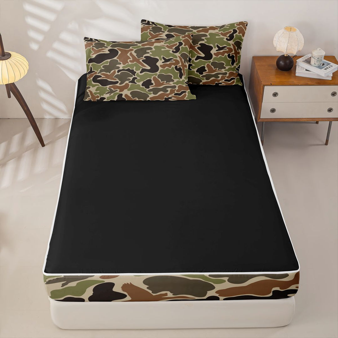 meiyoeat Retro Camo Print Zipper Full Size Comforter Sets with Fitted Sheet and 2 Pillowcases For Boys,Wild Animal Mallard Duck Zipper Bedding Set For Kids, Brown Green,Black Reversible,4-Piece