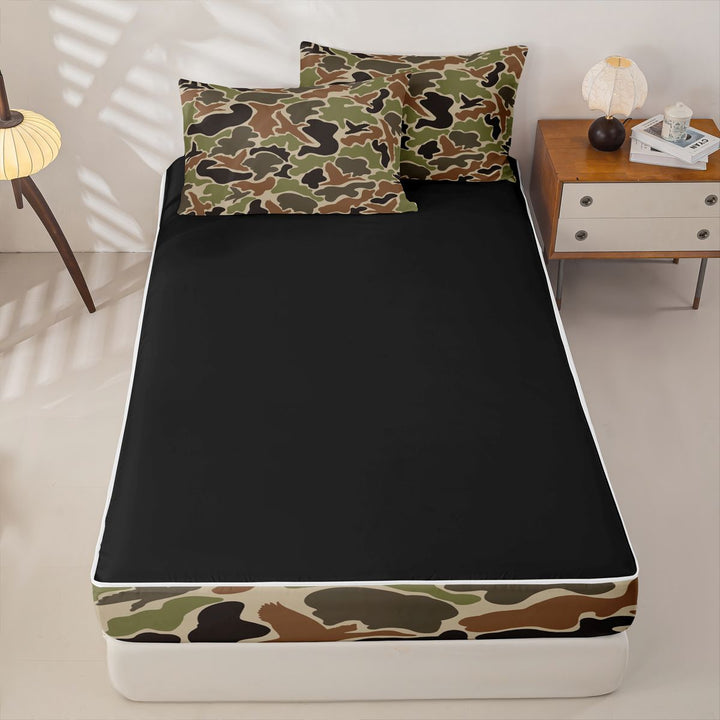 meiyoeat Retro Camo Print Zipper Full Size Comforter Sets with Fitted Sheet and 2 Pillowcases For Boys,Wild Animal Mallard Duck Zipper Bedding Set For Kids, Brown Green,Black Reversible,4-Piece