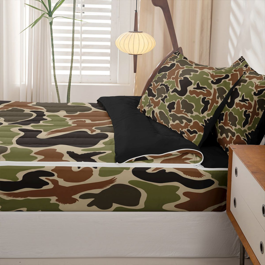 meiyoeat Retro Camo Print Zipper Full Size Comforter Sets with Fitted Sheet and 2 Pillowcases For Boys,Wild Animal Mallard Duck Zipper Bedding Set For Kids, Brown Green,Black Reversible,4-Piece