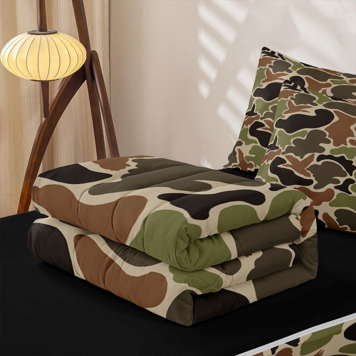 meiyoeat Retro Camo Print Zipper Full Size Comforter Sets with Fitted Sheet and 2 Pillowcases For Boys,Wild Animal Mallard Duck Zipper Bedding Set For Kids, Brown Green,Black Reversible,4-Piece