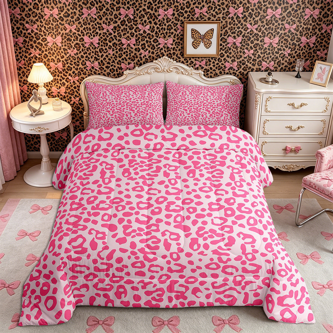 Meiyoeat Pastel Leopard Print Full Size Comforter Sets 3-Piece, Pink Cheetah Print Bedding Comforter Set, Light Pink,Pink Reversible