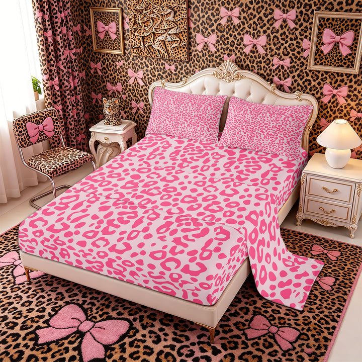 Meiyoeat Pastel Leopard Print Bed Sheets 4-Piece, Pink Cheetah Print Full Size Sheets, Light Pink