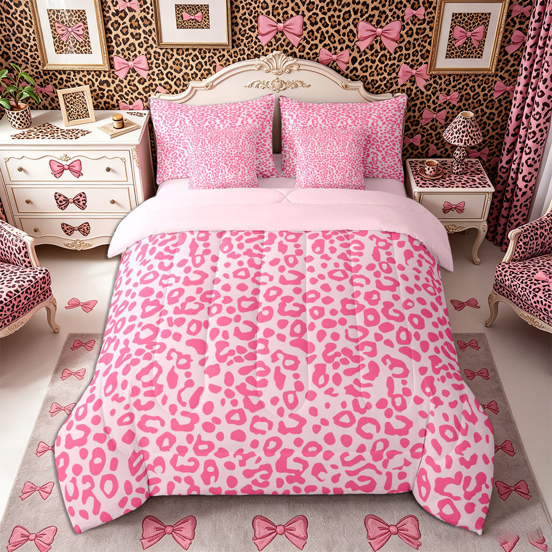 Meiyoeat Pastel Leopard Print Full Size Bedding Sets 7 Pieces, Pink Cheetah Print Full Size Bed in a Bag, Light Pink,Pink Reversible
