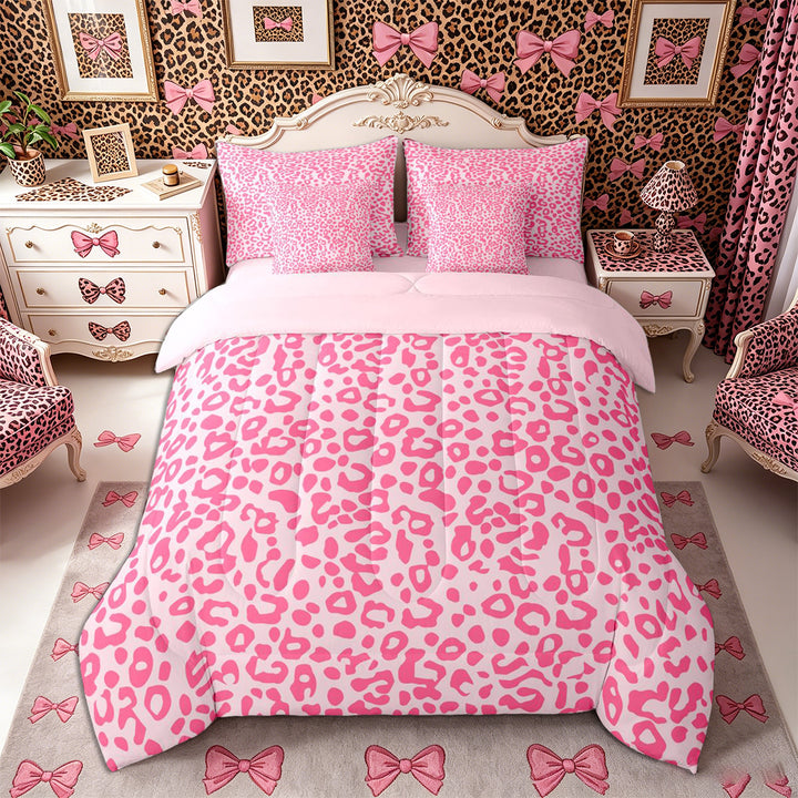 Meiyoeat Pastel Leopard Print Full Size Bedding Sets 7 Pieces, Pink Cheetah Print Full Size Bed in a Bag, Light Pink,Pink Reversible