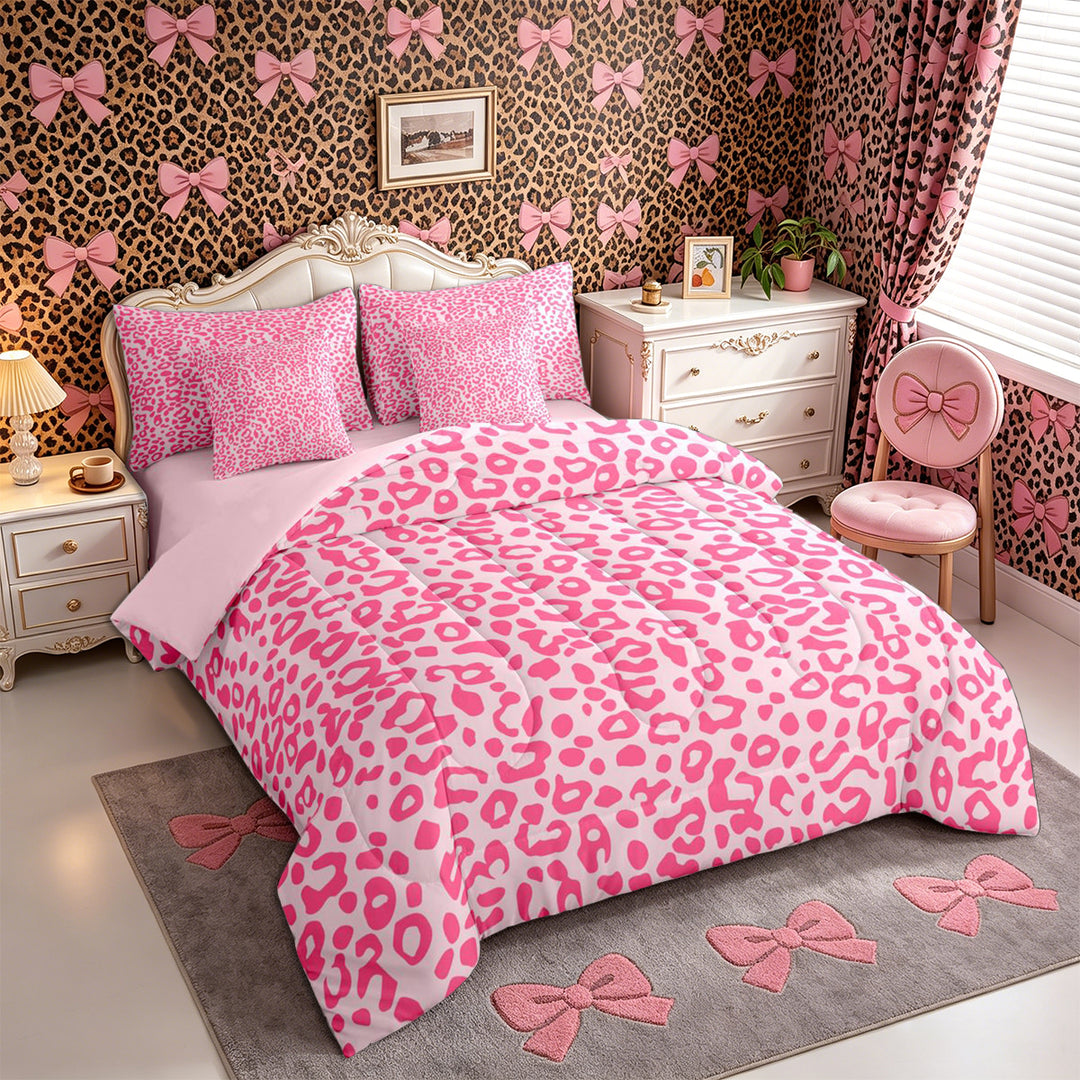 Meiyoeat Pastel Leopard Print Full Size Bedding Sets 7 Pieces, Pink Cheetah Print Full Size Bed in a Bag, Light Pink,Pink Reversible