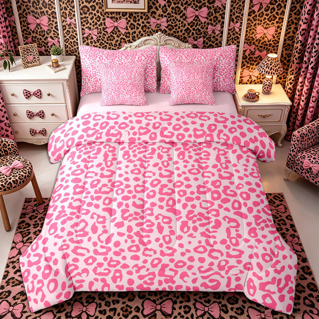 Meiyoeat Pastel Leopard Print Full Size Bedding Sets 7 Pieces, Pink Cheetah Print Full Size Bed in a Bag, Light Pink,Pink Reversible