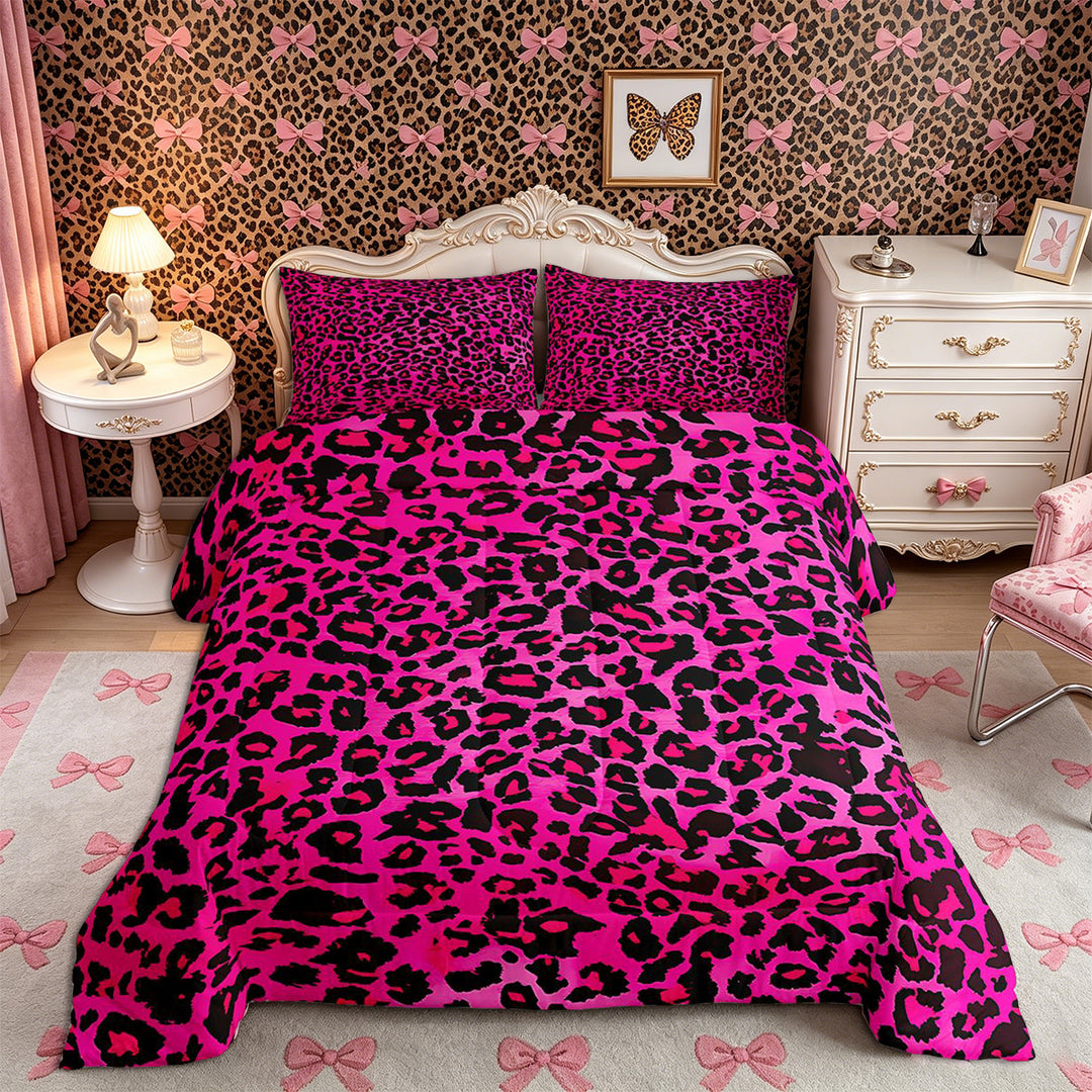 Meiyoeat Black Pink Leopard Print Full Size Comforter Sets 3-Piece, Animal Spot Pattern Bedding Comforter Set,Black Reversible