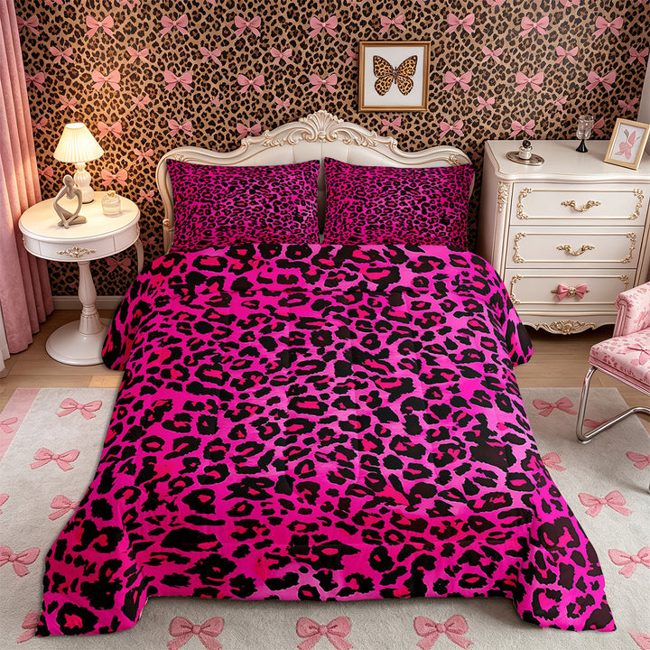 Meiyoeat Black Pink Leopard Print Full Size Comforter Sets 3-Piece, Animal Spot Pattern Bedding Comforter Set,Black Reversible