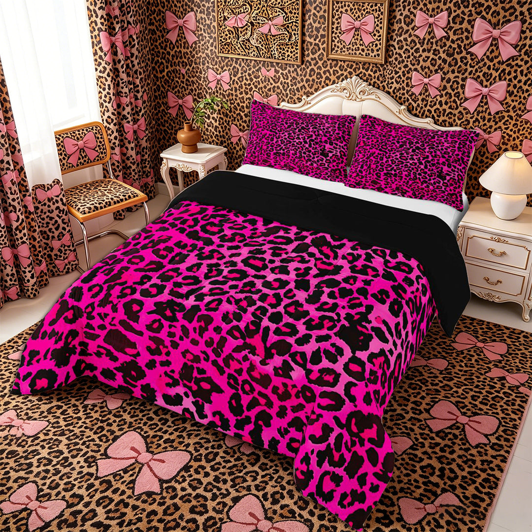 Meiyoeat Black Pink Leopard Print Full Size Comforter Sets 3-Piece, Animal Spot Pattern Bedding Comforter Set,Black Reversible